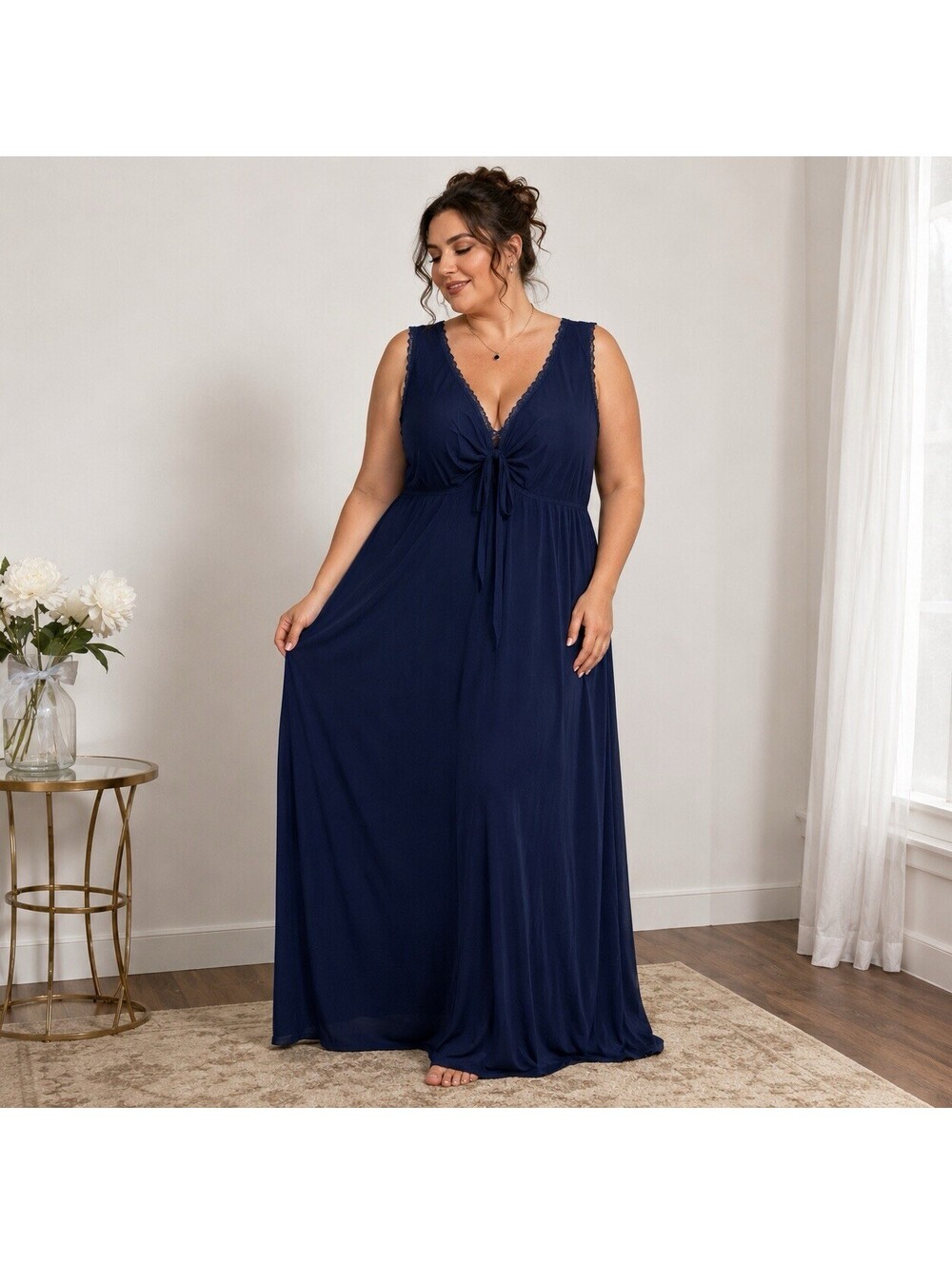 Miss Elaine Woman 3X Navy Blue Maxi Slip Dress Lace Trim Tie Front Romantic Goth